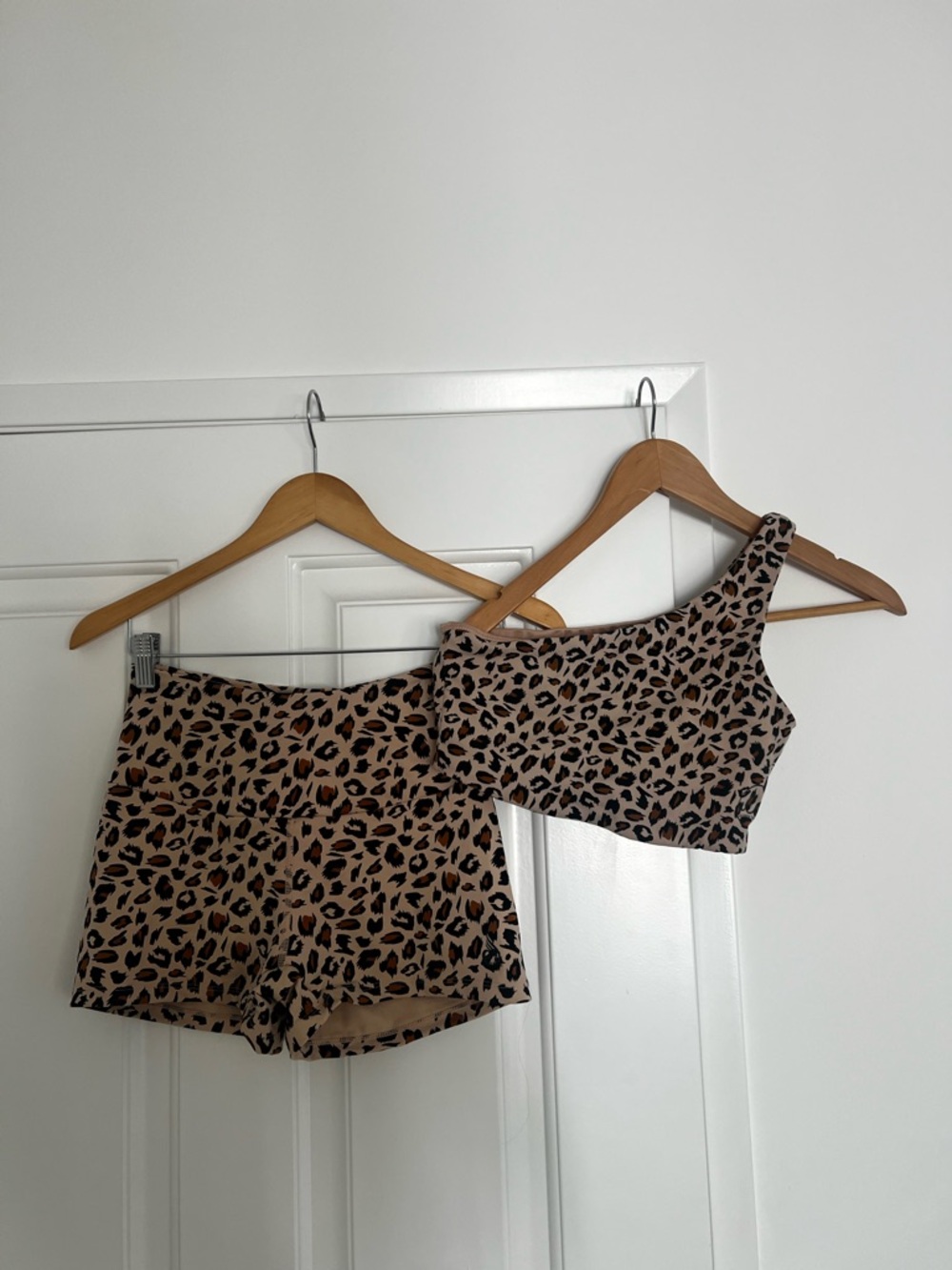 Leopard Print One-Shoulder Sports Bra & High-Rise Shorts Set - Tan/Black